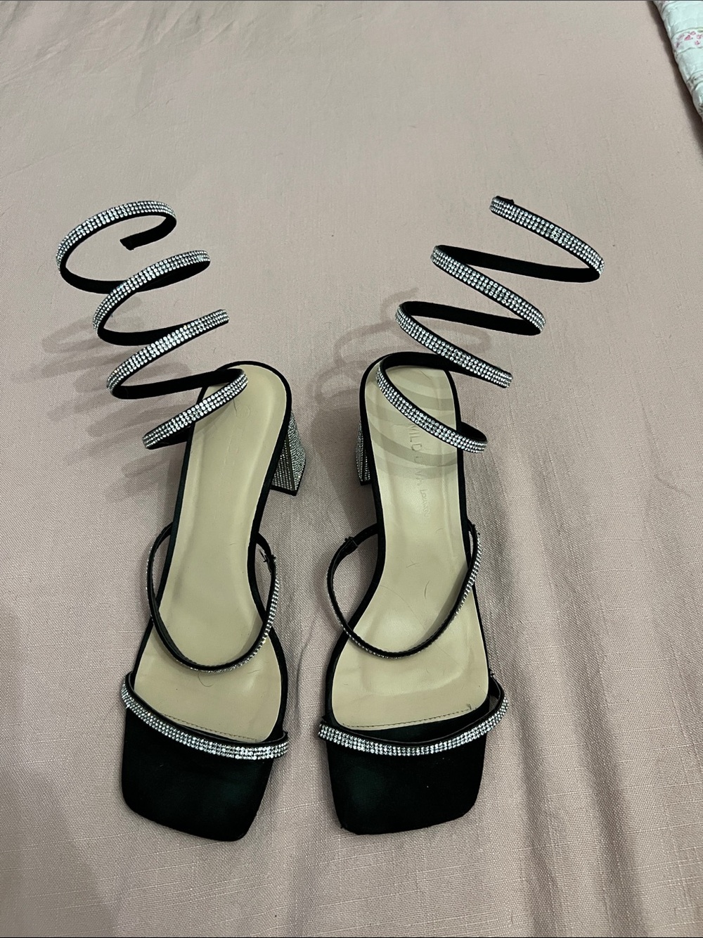 Wild Diva Black Rhinestone Spiral Wrap Block Heels